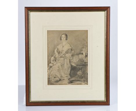 19th Century portrait of a seated young lady with a spaniel, her foot on a stool and by the side of a breakfast table the sid