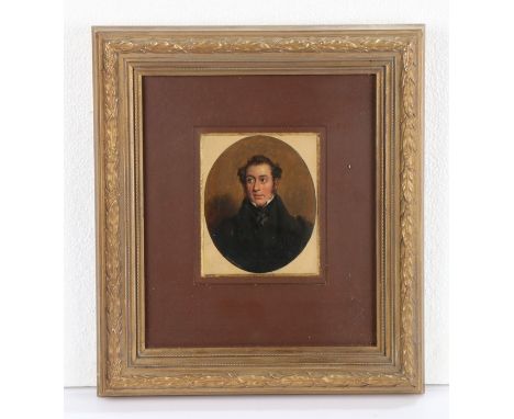 Mid 19th Century miniature portrait, of a gentleman in a black jacket, titled and dated in white to the edge Edward Cookbarn 