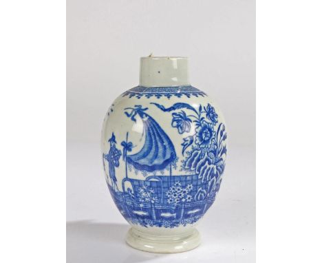 18th Century Worcester tea caddy, circa 1780, blue transfer decorated with a fisherman, crescent mark to the base, 13cm high