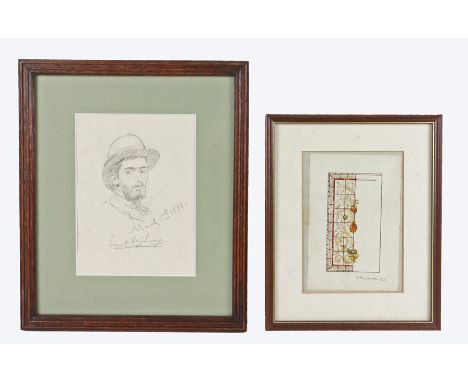 E Heighway, stained glass window design in watercolour, 11.5cm x 17cm, another design showing Lemon Blossoms &amp; Swallows A