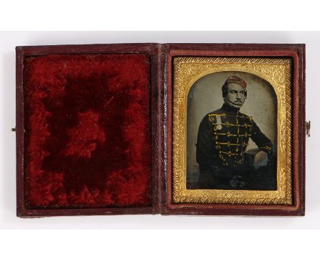 Military sixteenth plate ambrotype of a Crimean War veteran, four clasp Crimea medal, the soldier is wearing the 1856 pattern