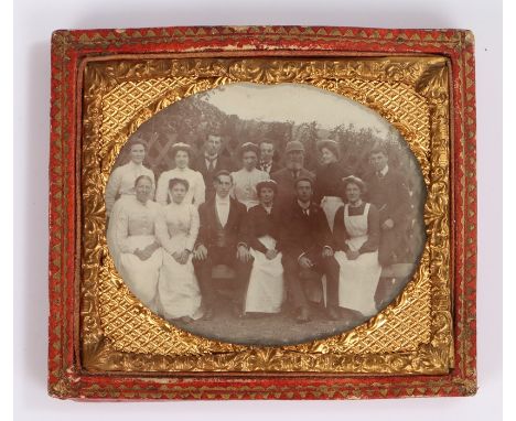 19th Century sixth plate ambrotype, of the staff of a household, butlers, maids, a game keeper