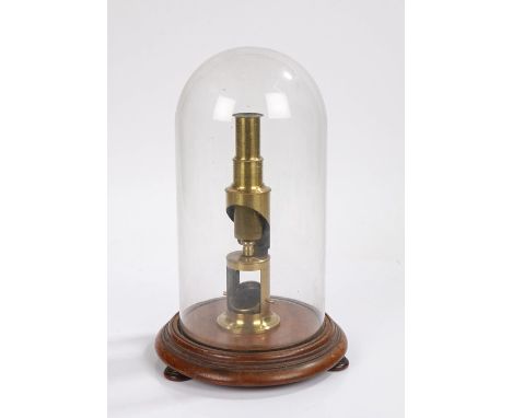 19th Century brass monocular microscope, with a Starch Arrow Root slide housed under a glass dome