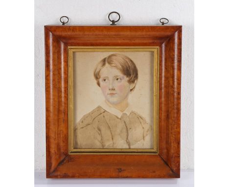 19th Century British school, Portrait of a young man, unsigned watercolour, housed within a satinwood frame, the picture 22cm