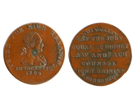 British Token, copper Halfpenny, 1794, bust of J. H. Tooke, TRIED FOR HIGH TREASON, R. ACQUITTED BY HIS JURY COUNSEL, HON. T.