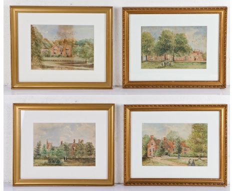 Four Victorian architectural paintings, with description on the reverse stating Stanwell Hall, Middlesex 1870, Lodge at Bunti