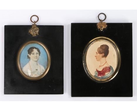 Two 19th Century portrait miniatures, the first of a lady dressed in white with a pearl necklace and mourning brooch, oil, ho