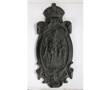 Iron lamp post plaque, with the crown above Britannia on horseback reaching to help, 71cm high