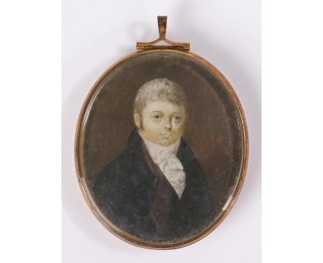 George III miniature portrait, of a gentleman with white hair above a white ruff and deep blue jacket, oil on ivory, 63mm dia