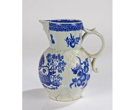 18th Century Worcester porcelain blue and white jug, circa 1770-85,  Parrot Pecking Fruit pattern, with a bearded man spout a