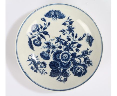 18th Century Worcester porcelain dish, 1770-1780, The Three Flowers, hatched crescent mark with two letters mark to the base,