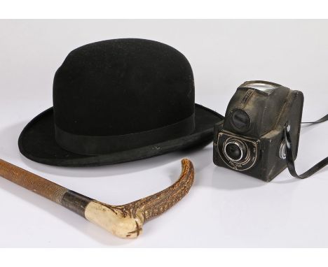 Collection of items, to include a Moores &amp; Son, London bowler hat, an Ensign Flu-Vue camera and a stag antler handle ridi