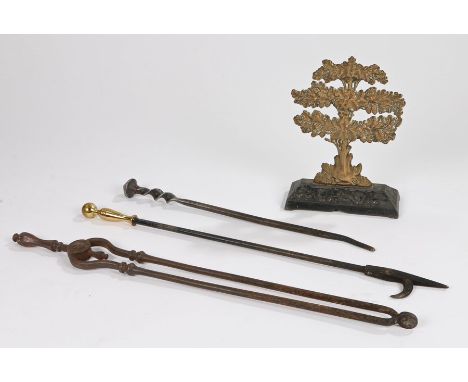 19th Century fireside tools, to include a poker, another with brass handle and a pair of tongs, also with a fire side ornamen