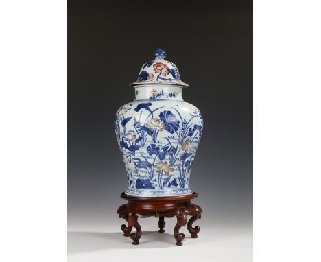 Chinese copper red celadon and blue and white decorated jar and cover, Kangxi Period (1662-1722) the jar decorated with white