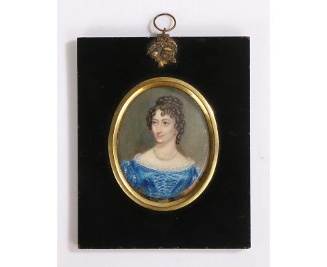 19th Century portrait miniature, a lady with a blue dress and seed pearl necklace, the back of the miniature with the pen and