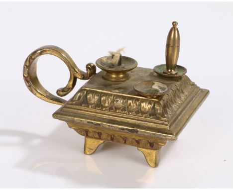 19th Century gilt metal oil lamp, with a wick and two compartments above a square body and arched handle, 10cm long including