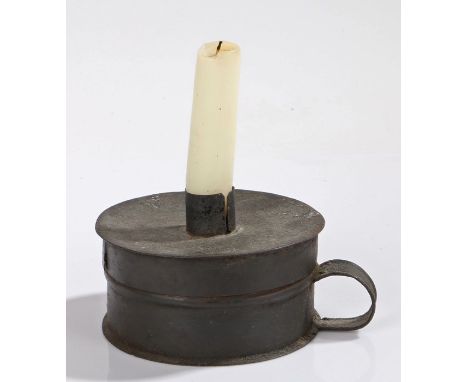 Late 18th / early 19th Century tin tinder box. The integral candlestick complete with strike, birch and tinder flint, 14.5cm 
