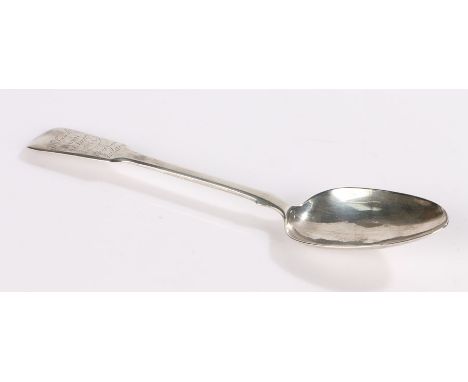 George III silver birth and death table spoon, London 1812, maker Thomas Johnson, the fiddle pattern handle engraved "J.W. Po