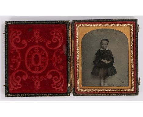 VICTORIAN AMBROTYPE 1/16 Plate Pocket Size Half orders Case 163 yr Old Darling Little Boy, Artist Tinted Double Glass Gold Color Pinchbeck Framed.