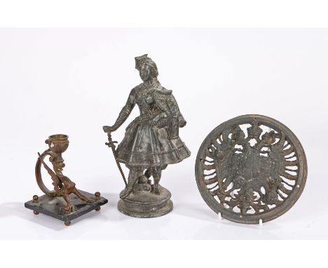 Russian 19th Century double headed eagle mount/badge, 15cm wide, together with a 19th Century pewter figure of a Scottish lad