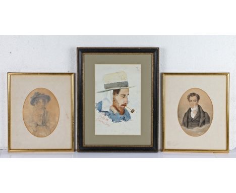 19th Century British school, a pencil sketch of a lady, 18cm high, a hand coloured print of a gentleman and a watercolour of 