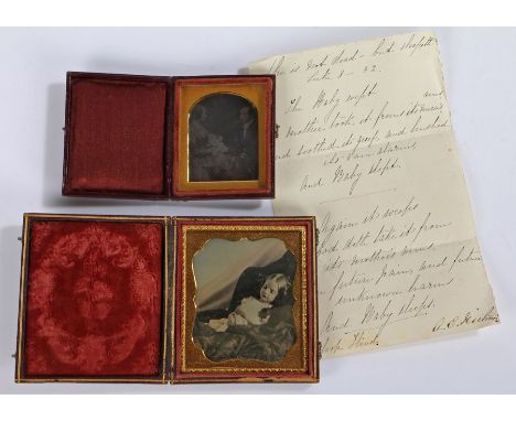 19th Century post-mortem daguerreotypes (memorial portraiture/mourning portrait) of a young girl and another of a baby being 