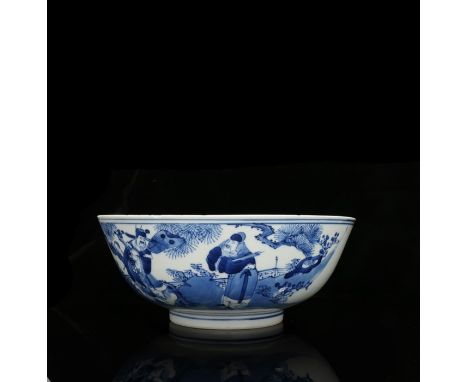 Chinese porcelain bowl, Kangxi four character mark and of the period, (1661-1722) blue and white with three sages among a lan