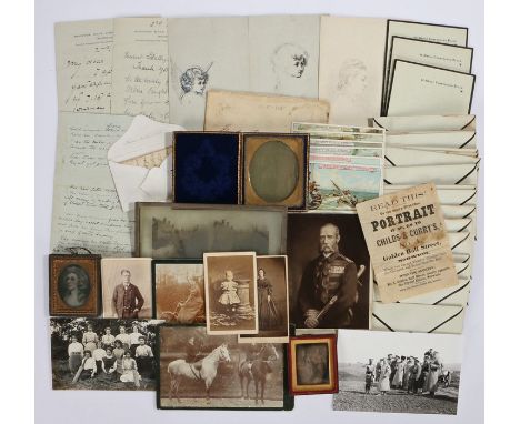 Collection of ephemera and photography, to include envelopes, notes, letters, a cards, sketches, a photograph of a ladies cri