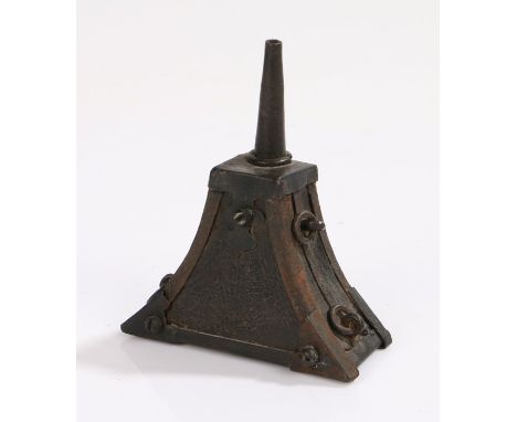 17th Century German musketeer's powder flask, of characteristic triangular shape, the leather covered wooden body encased wit