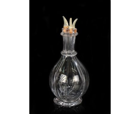 19th Century quadruple spirit decanter, divided into four sections titled Gin, Rhum, Whiskey and Brandy, 26cm high