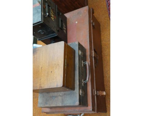 Large travel trunk, 2 ARP tin boxes &amp; 2 others 
