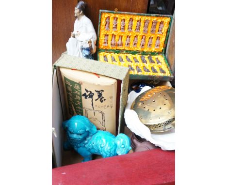 Mixed box to include oriental chess set, oriental figures &amp; others 