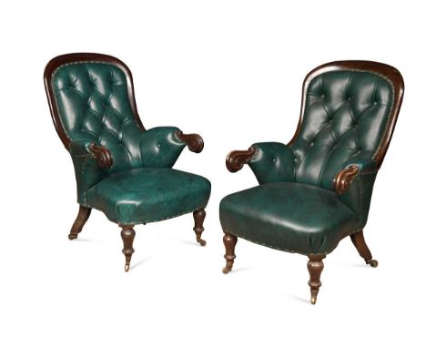 with button back green leatherette upholstery on turned legs and casters102 x 66 x 90cmCondition report: Breaks to back with 