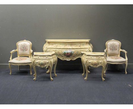 An Italian stlye 2 drawer commode, 87 x 143 x 59 cm, a pair of bedside tables, 62 x 62 x 39 cm, and a pair of chairs (5)