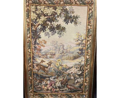 A set of 4 modern framed tapestry panels depicting countryside animals, to include, goats, phesants etc, 153 x 95 cm, with fr