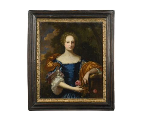 Portrait of a young woman beside a column, holding roses, a park landscape beyondoil on canvas30 x 25cmProvenance: Property o