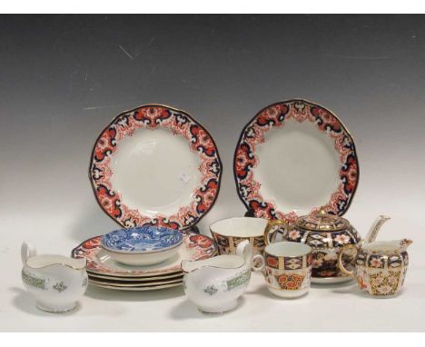 A Jackfield glaze cow creamer, a small quantity of Royal Crown Derby and other Imari wares, two Spode Italian pattern dishes 