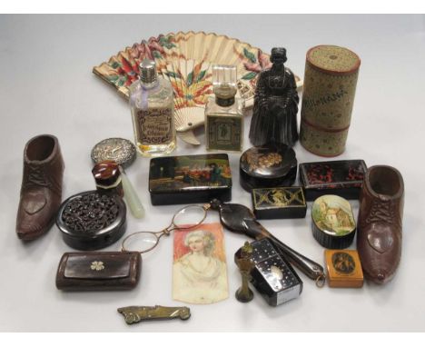 Collectors items including unused 'Phul Nana' perfume bottle, painted lacquer snuff box, pair miniature saltglaze stoneware s