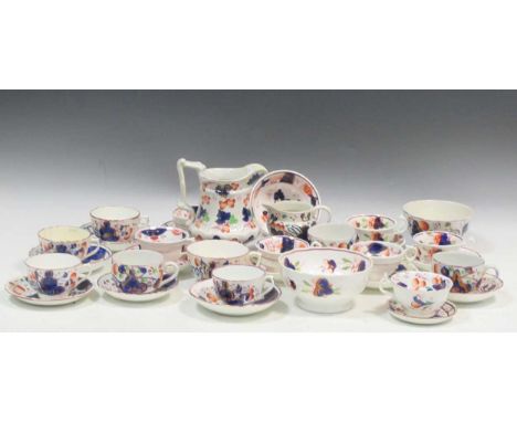 A collection of 19th century Gaudy Welsh ceramic tea wares with pink lustre rims to include teacuops saucers and other cerami