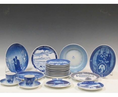 A collection of Royal Copenhagen ceramics, including commemrative bicentenary plates, and two cups and saucers