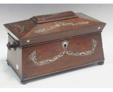 A Victorian rosewood tea caddy of sarcophogus form fitted with two canisters and for a mixing bowl, 36 x 18 cm (A/F)