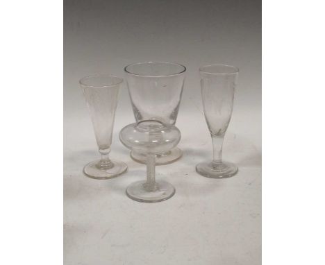A late 18th or early 19th century glass lace makers lamp, together with two ale glasses and a rumnerMinor nibble chips to the