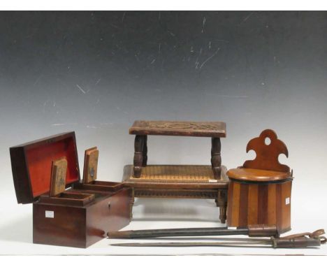 A George III mahogany tea caddy, a 19th century banded salt box, two small foot stools, a WWI bayonet and a long sword