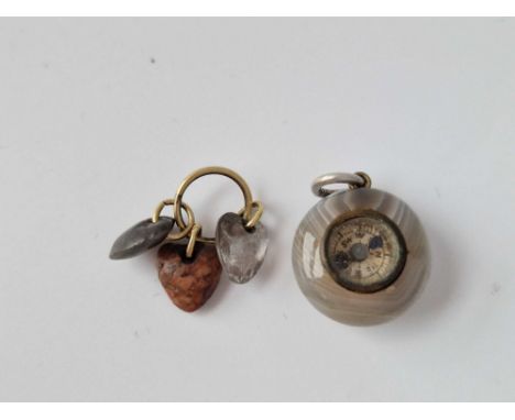 A Victorian Crystal And Hard Stone Triple Heart Charms On Gold Bolt Rings And Victorian Lace Agate Compass Fob Charm
