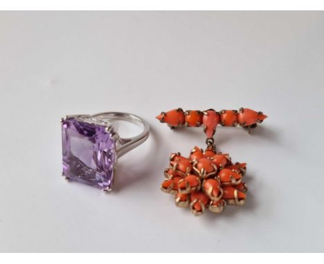 A Coral Brooch Together With A Silver Amethyst Ring