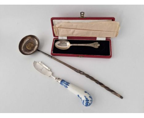 A Boxed Plain Triffid Spoon, Chester 1957, Irish Porcelain Handled Butter Knife And A Toddy Ladle Inset With Shilling