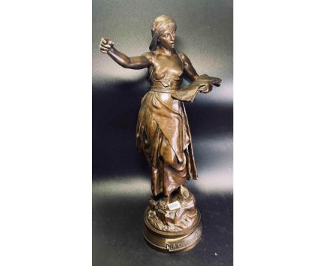 Good Large Bronze Figure Of A Girl Reading From A Book Signed A Tactasand ? 22" High