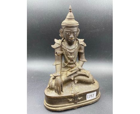 Antique Bronze Seated Buddha With Inset Decoration. 10" High