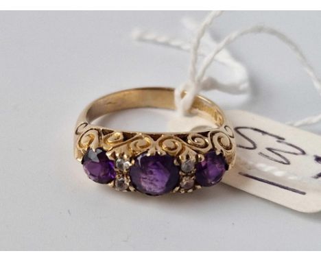 A Fancy Three Stone Amethyst Ring 9Ct Size M 4 Gms