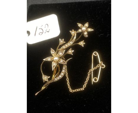 A Fine Antique Pearl Flower Spray Brooch With Gold Safety Chain